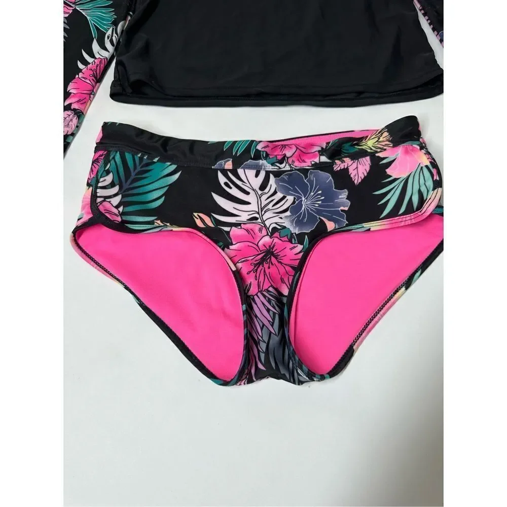 Justice Girl Rash Guard SET 2 pc Black Floral  Swimsuit UPF 50+ Sz16-18(XL)